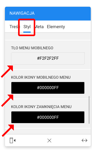 kolory elementów w nawigacji mobilnej strony